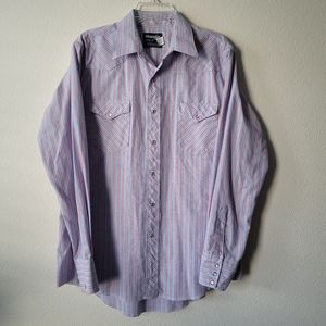 Wrangler Pearl Snap Long Sleeve Shirt Blue Strip Button Up Made In USA